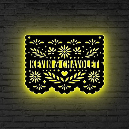 Custom Papel Picado Metal Sign Led Light, Dia de los Muertos Decor, Papel Picado Wall Art, Mexican Family Name Sign, Wedding Gift,Home Decor