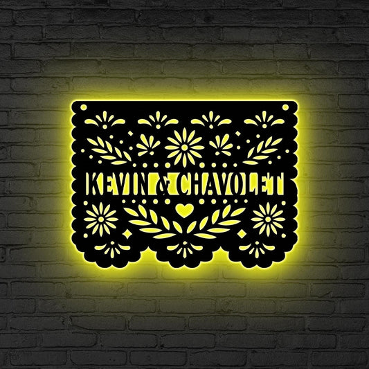 Custom Papel Picado Metal Sign Led Light, Dia de los Muertos Decor, Papel Picado Wall Art, Mexican Family Name Sign, Wedding Gift,Home Decor