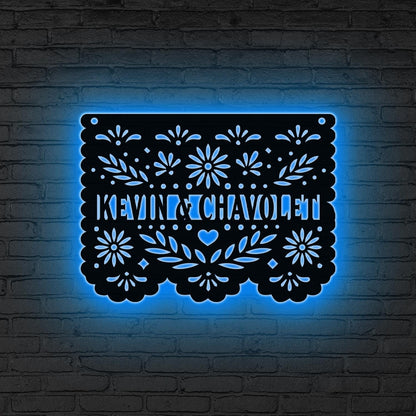 Custom Papel Picado Metal Sign Led Light, Dia de los Muertos Decor, Papel Picado Wall Art, Mexican Family Name Sign, Wedding Gift,Home Decor