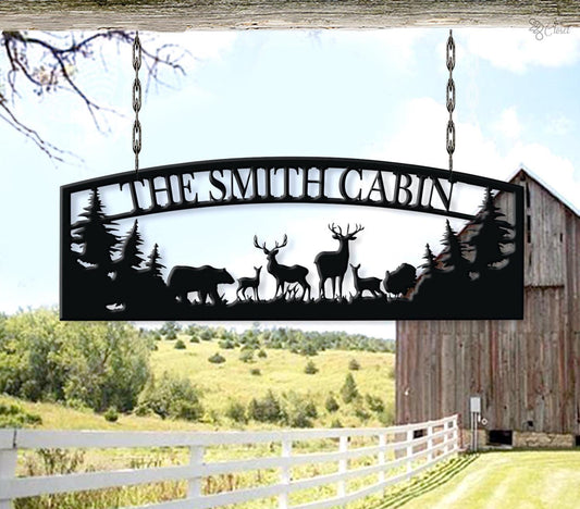 Personalized Cabin Metal Sign, Deer Bear Turkey Custom Hunting Sign, Cabin Decor, Outdoor Decor, Cottage Decor, Last Name Signs for Home