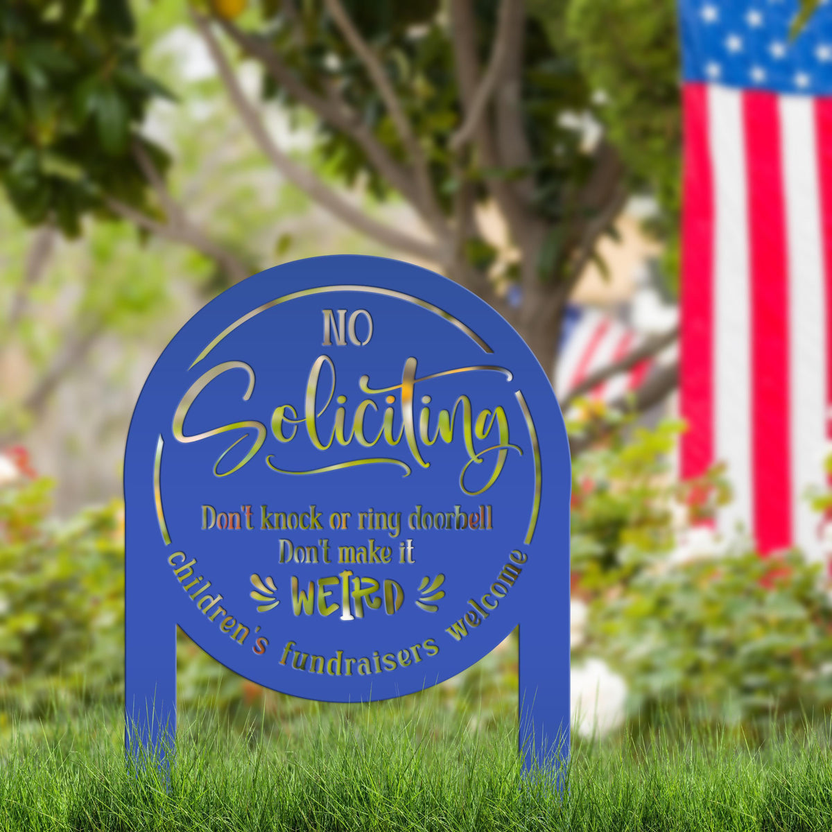 No Soliciting Sign for Home Decor - Funny Metal Yard Stake - Outdoor Decoration - Children's Fundraisers Welcome - Unique Housewarming Gifts