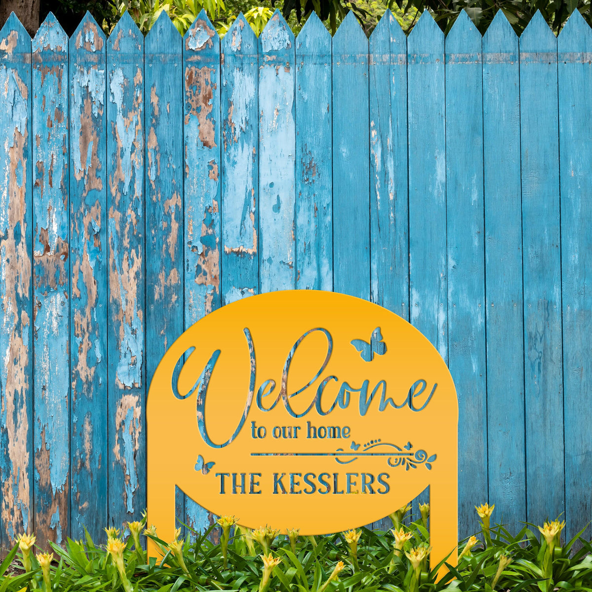 Charming Custom Welcome Sign for Your Home - Butterfly Metal Yard Stake - Welcoming Outdoor Lawn Decor - Personalized Housewarming Gifts