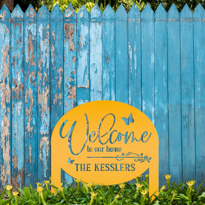 Charming Custom Welcome Sign for Your Home - Butterfly Metal Yard Stake - Welcoming Outdoor Lawn Decor - Personalized Housewarming Gifts