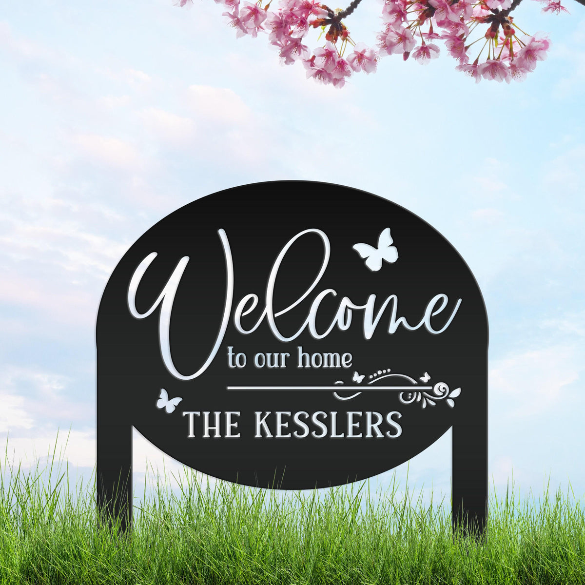 Charming Custom Welcome Sign for Your Home - Butterfly Metal Yard Stake - Welcoming Outdoor Lawn Decor - Personalized Housewarming Gifts
