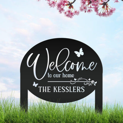 Charming Custom Welcome Sign for Your Home - Butterfly Metal Yard Stake - Welcoming Outdoor Lawn Decor - Personalized Housewarming Gifts
