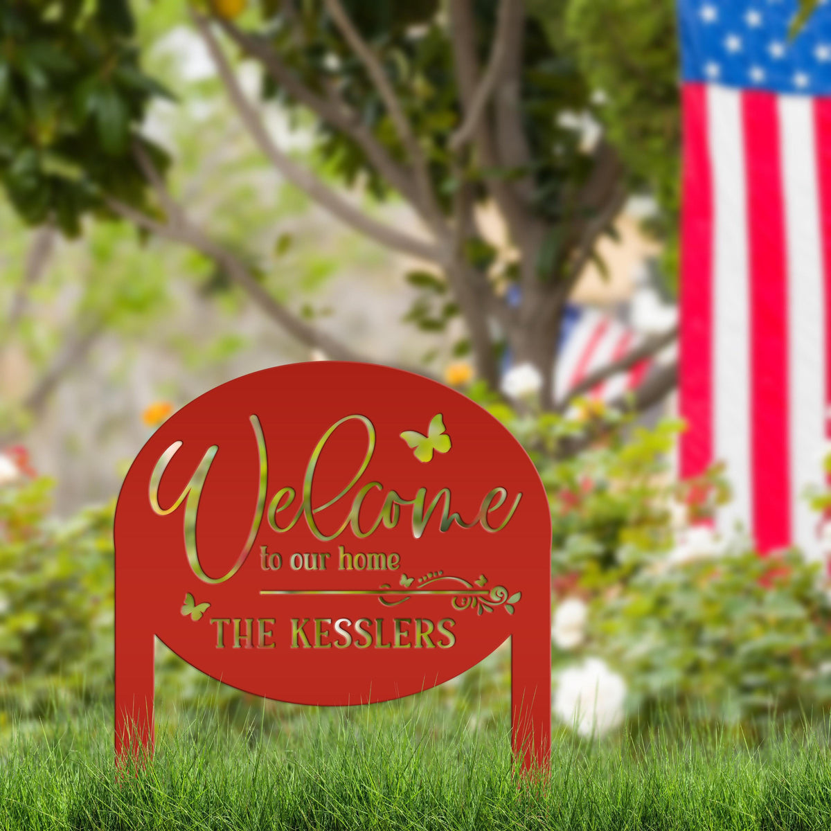 Charming Custom Welcome Sign for Your Home - Butterfly Metal Yard Stake - Welcoming Outdoor Lawn Decor - Personalized Housewarming Gifts