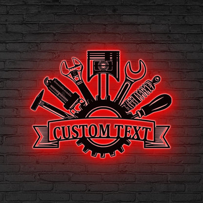 Custom Garage Metal Wall Art LED Light, Personalized Workshop Name Sign Home Decor Car Mechanic Repair Decor Garage Decor Birthday Xmas Gift