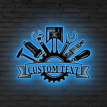 Custom Garage Metal Wall Art LED Light, Personalized Workshop Name Sign Home Decor Car Mechanic Repair Decor Garage Decor Birthday Xmas Gift