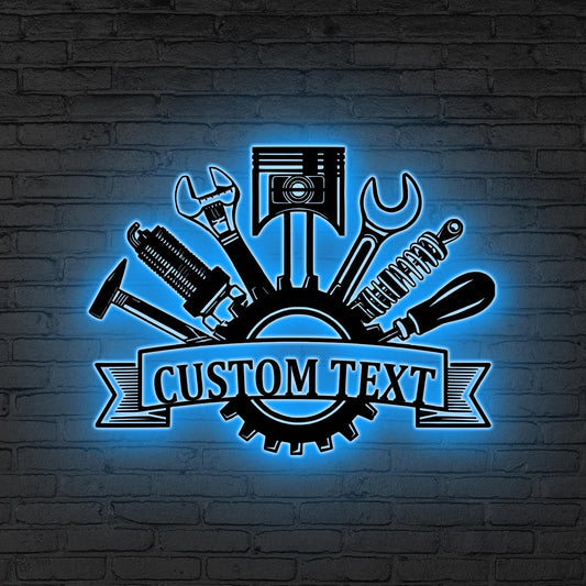 Custom Garage Metal Wall Art LED Light, Personalized Workshop Name Sign Home Decor Car Mechanic Repair Decor Garage Decor Birthday Xmas Gift