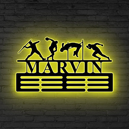 Track And Field Custom Name Medal Hanger LED Lights- Medal Holder Custom Text 12 Rungs for Medals & Ribbons Medal Hanger Runner Gifts