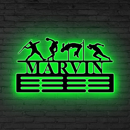 Track And Field Custom Name Medal Hanger LED Lights- Medal Holder Custom Text 12 Rungs for Medals & Ribbons Medal Hanger Runner Gifts