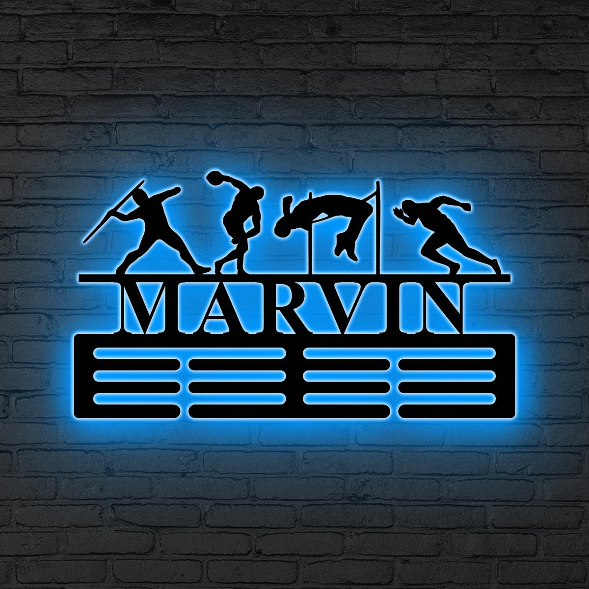 Track And Field Custom Name Medal Hanger LED Lights- Medal Holder Custom Text 12 Rungs for Medals & Ribbons Medal Hanger Runner Gifts