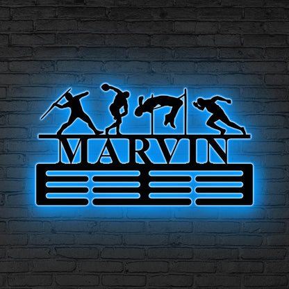 Track And Field Custom Name Medal Hanger LED Lights- Medal Holder Custom Text 12 Rungs for Medals & Ribbons Medal Hanger Runner Gifts