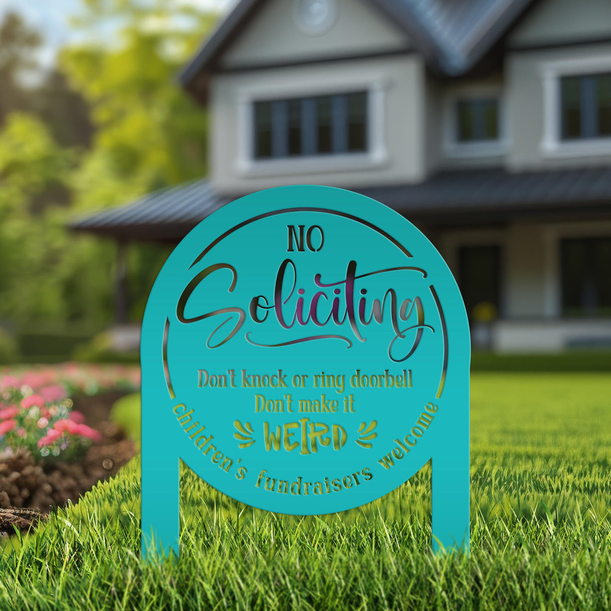 No Soliciting Sign for Home Decor - Funny Metal Yard Stake - Outdoor Decoration - Children's Fundraisers Welcome - Unique Housewarming Gifts