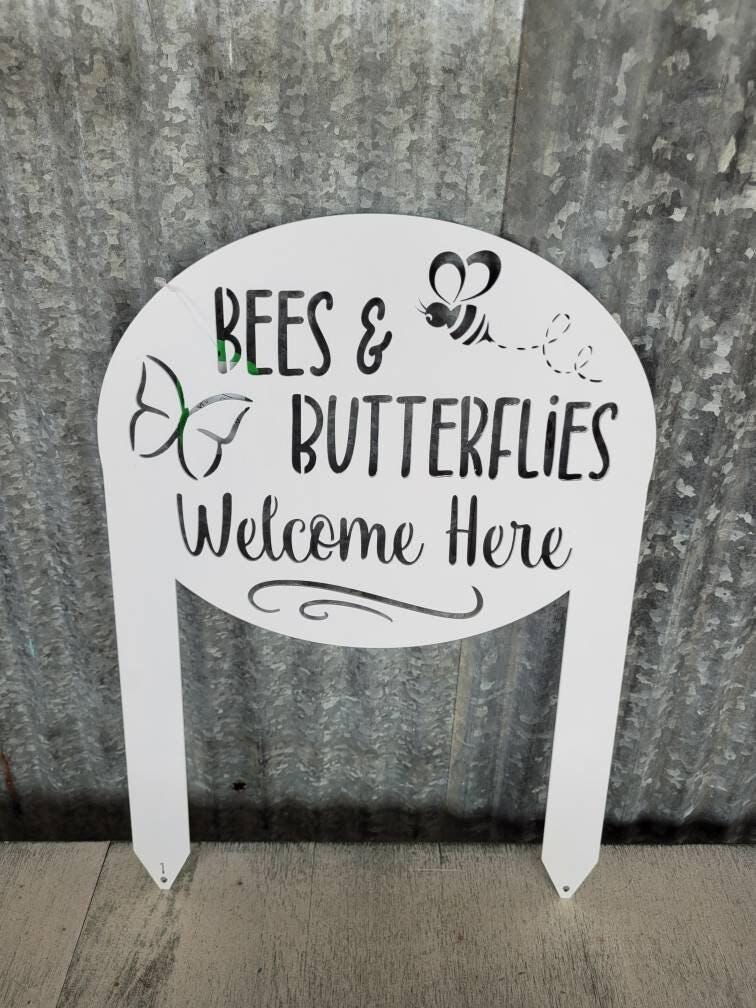 Garden Sign with Bees and Butterflies, Metal Yard Stake, Outdoor Garden Decor, Mother's Day Gift idea,