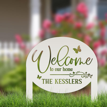 Charming Custom Welcome Sign for Your Home - Butterfly Metal Yard Stake - Welcoming Outdoor Lawn Decor - Personalized Housewarming Gifts