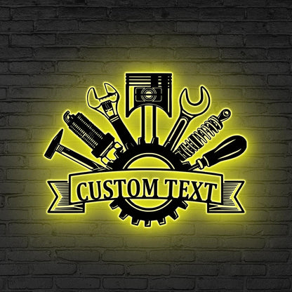 Custom Garage Metal Wall Art LED Light, Personalized Workshop Name Sign Home Decor Car Mechanic Repair Decor Garage Decor Birthday Xmas Gift
