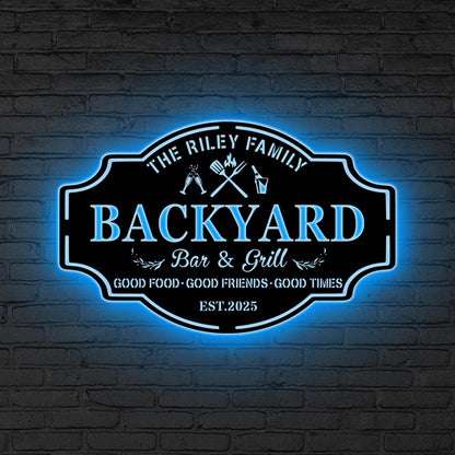 Personalized Bar & Grill Metal Sign LED Light, Custom Backyard Sign Backyard Patio Decor, Outdoor Bar Sign, Backyard Decor,Xmas Gift for him