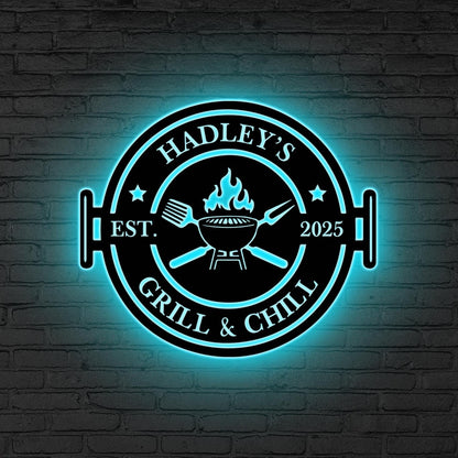 Personalized Bar & Grill Metal Sign LED Light, Custom Backyard Sign Backyard Patio Decor, Outdoor Bar Sign, Backyard Decor,Xmas Gift for him