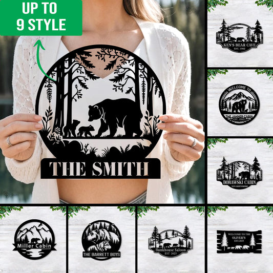 Custom Bear Metal Wall Art, Personalized Cabin Sign, Bear Family Name Sign, Outdoor Decor, Cabin Decor, Dad Gift, Hunter Gift Outdoor Decor