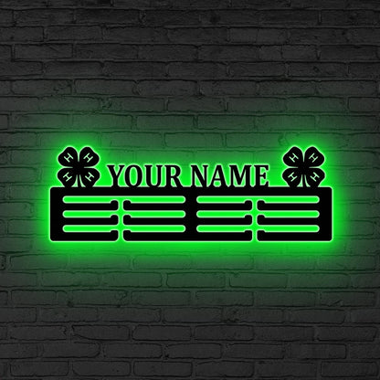 Custom 4-H Medal Hanger with Name LED, 4H-Leaf clover gift, 12 Tiers for Medals & Ribbons, Xmas Gift, 4-H Metal Sign, 4-Leaf Clover Sign