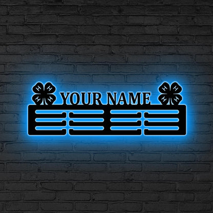 Custom 4-H Medal Hanger with Name LED, 4H-Leaf clover gift, 12 Tiers for Medals & Ribbons, Xmas Gift, 4-H Metal Sign, 4-Leaf Clover Sign