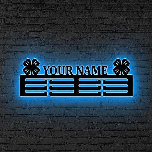 Custom 4-H Medal Hanger with Name LED, 4H-Leaf clover gift, 12 Tiers for Medals & Ribbons, Xmas Gift, 4-H Metal Sign, 4-Leaf Clover Sign