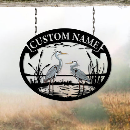 Custom Heron Sign, Metal Herons Bird Wall Art, Personalized Heron Name Sign, Heron Wall Decor, Outdoor Decor Lake House Decor, Pond Decor