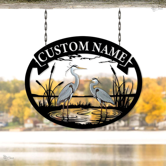 Custom Heron Sign, Metal Herons Bird Wall Art, Personalized Heron Name Sign, Heron Wall Decor, Outdoor Decor Lake House Decor, Pond Decor