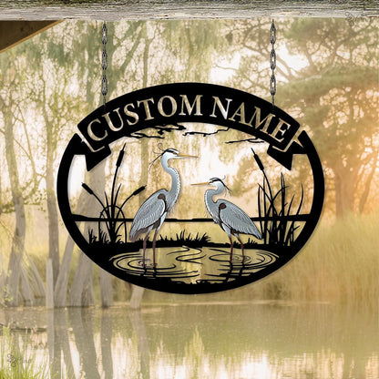Custom Heron Sign, Metal Herons Bird Wall Art, Personalized Heron Name Sign, Heron Wall Decor, Outdoor Decor Lake House Decor, Pond Decor