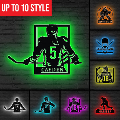 Custom Ice Hockey Metal Wall Art LED Lights, Personalized Hockey Player Name Sign Home Decor Kid Nursery Decoration Christmas Gift for her