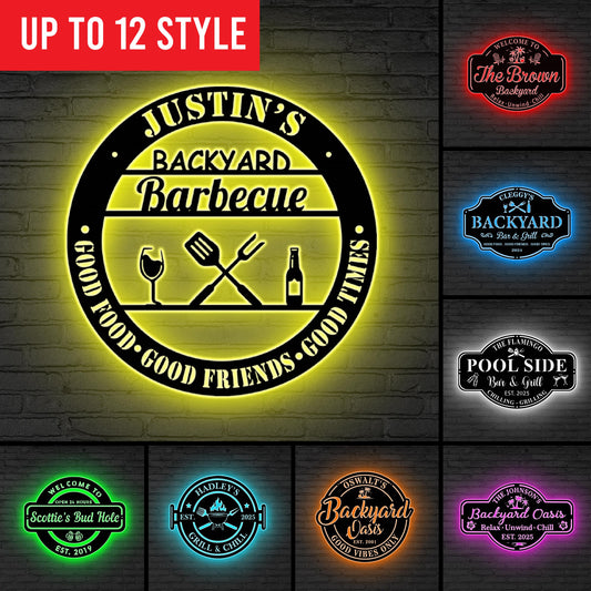 Personalized Bar & Grill Metal Sign LED Light, Custom Backyard Sign Backyard Patio Decor, Outdoor Bar Sign, Backyard Decor,Xmas Gift for him