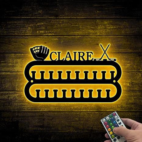Custom Baseball Player Medal Hanger Led 12 Rungs for medals & Ribbons, Hockey Medal Display, Baseball player Gift for him Hockey Player Gift