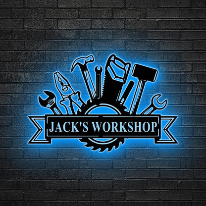 Custom Metal Workshop Sign LED Lights, Dad Gift, Garage Sign, Personalized Man Cave Decor, Mechanic Workshop Sign, Woodshop Garage Decor