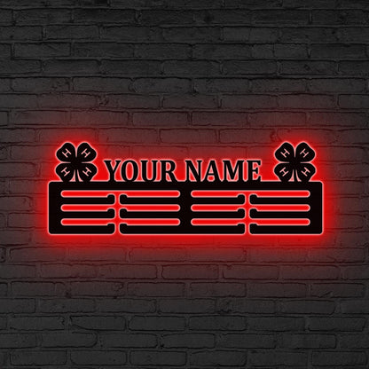 Custom 4-H Medal Hanger with Name LED, 4H-Leaf clover gift, 12 Tiers for Medals & Ribbons, Xmas Gift, 4-H Metal Sign, 4-Leaf Clover Sign