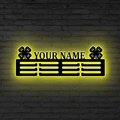 Custom 4-H Medal Hanger with Name LED, 4H-Leaf clover gift, 12 Tiers for Medals & Ribbons, Xmas Gift, 4-H Metal Sign, 4-Leaf Clover Sign