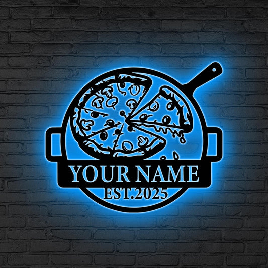 Personalized Pizzeria Metal Sign LED Lights, Custom Pizza Restaurant Wall Decor Restaurant SIgn Kitchen Gift Pizzeria Wall Art Kitchen Decor