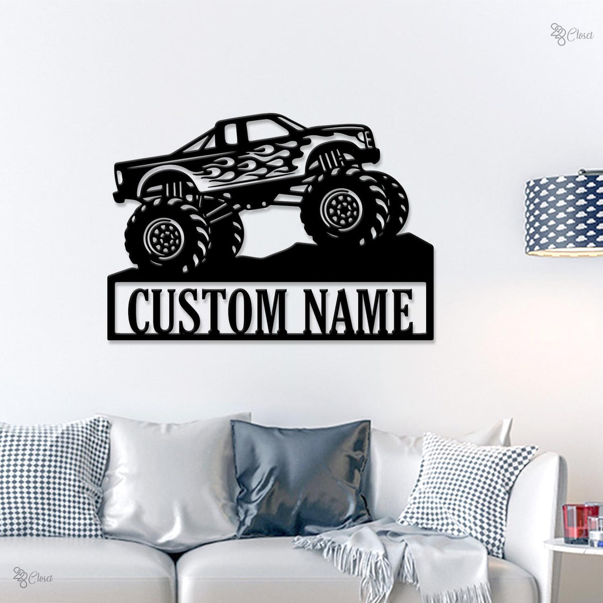 Custom Monster Truck Driver Metal Wall Art LED Lights, Personalized Fire Flame Off Road Vehicle Name Sign Man Cave Decor Off Road Vehicle