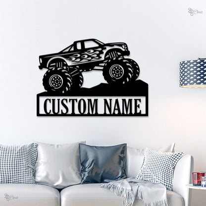 Custom Monster Truck Driver Metal Wall Art LED Lights, Personalized Fire Flame Off Road Vehicle Name Sign Man Cave Decor Off Road Vehicle