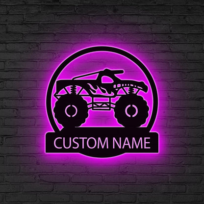 Custom Monster Truck Driver Metal Wall Art LED Lights, Personalized Fire Flame Off Road Vehicle Name Sign Man Cave Decor Off Road Vehicle