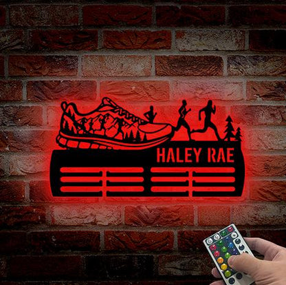 Personalized Running Medal Holder 12 Rungs for medals & Ribbons LED Lights,Medal Display,Sports Medal Hanger, Tiered Award Rack Athlete Gift