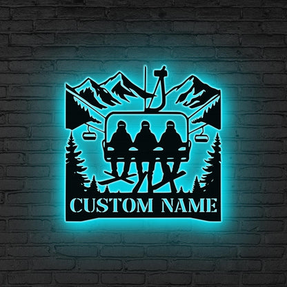 Personalized Ski Lift LED Light Sign, Custom Ski Couple Wall Art, Winter Sports Decor,Ski Lodge Gift,Xmas Gift for Skier, Winter Sports Gift