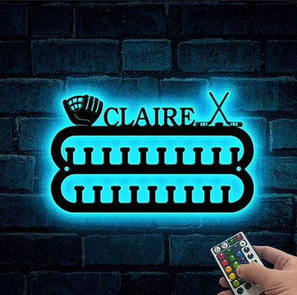 Custom Baseball Player Medal Hanger Led 12 Rungs for medals & Ribbons, Hockey Medal Display, Baseball player Gift for him Hockey Player Gift
