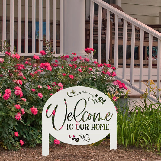 Welcome Home Metal Yard Stake - Charming Outdoor Lawn Art - Welcoming Laser Cut Sign - Butterfly Garden Decorations - Cute Housewarming Gift