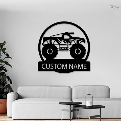 Custom Monster Truck Driver Metal Wall Art LED Lights, Personalized Fire Flame Off Road Vehicle Name Sign Man Cave Decor Off Road Vehicle