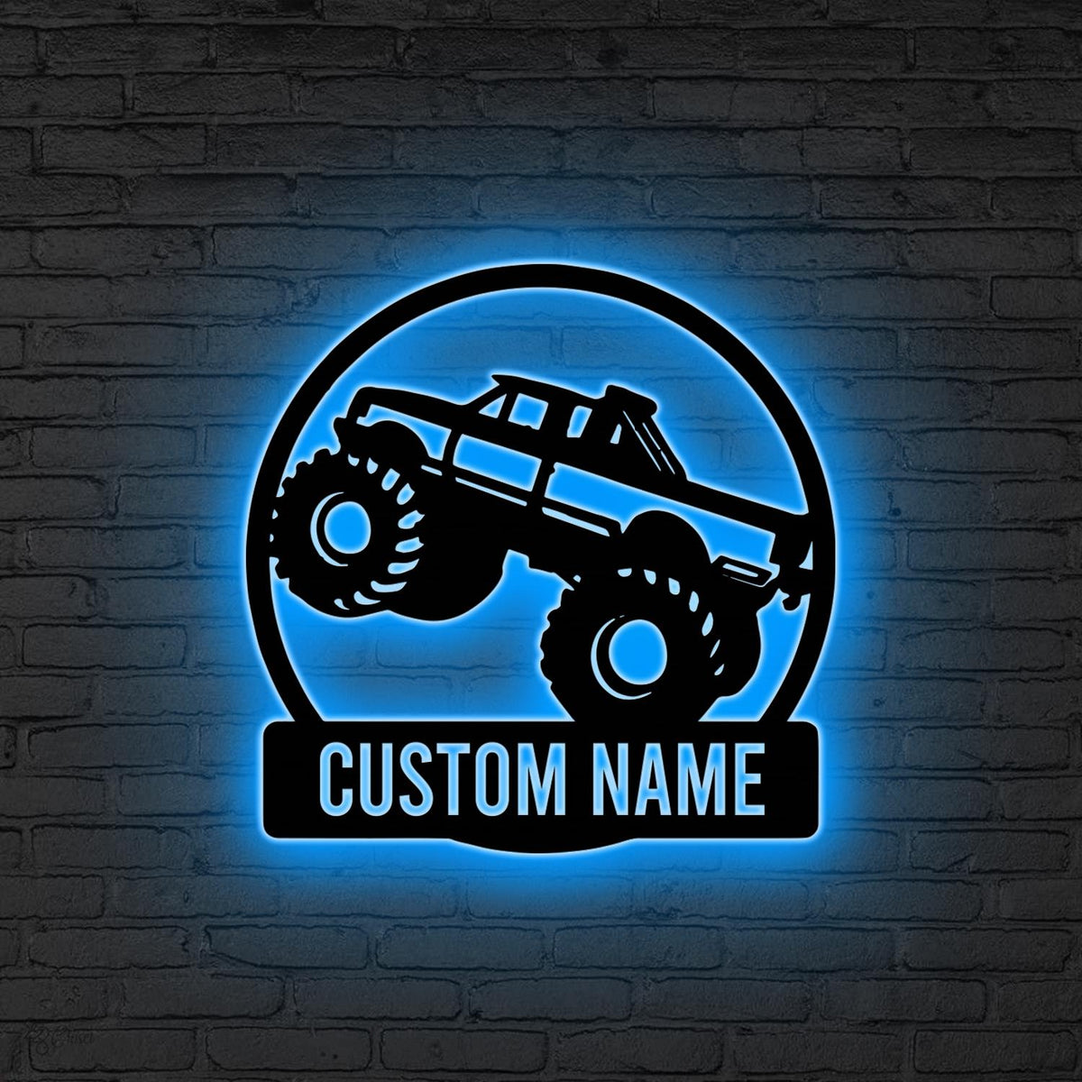 Custom Monster Truck Driver Metal Wall Art LED Lights, Personalized Fire Flame Off Road Vehicle Name Sign Man Cave Decor Off Road Vehicle