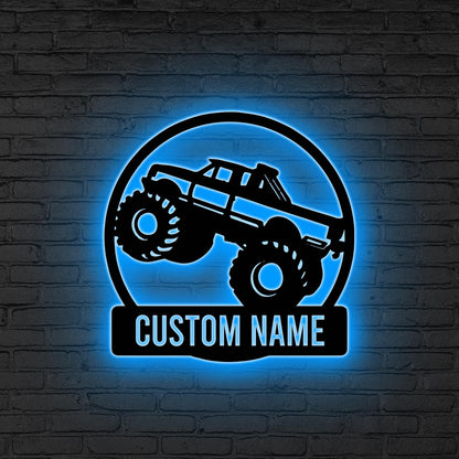 Custom Monster Truck Driver Metal Wall Art LED Lights, Personalized Fire Flame Off Road Vehicle Name Sign Man Cave Decor Off Road Vehicle