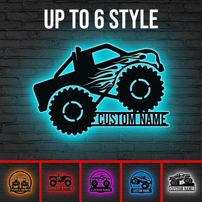 Custom Monster Truck Driver Metal Wall Art LED Lights, Personalized Fire Flame Off Road Vehicle Name Sign Man Cave Decor Off Road Vehicle