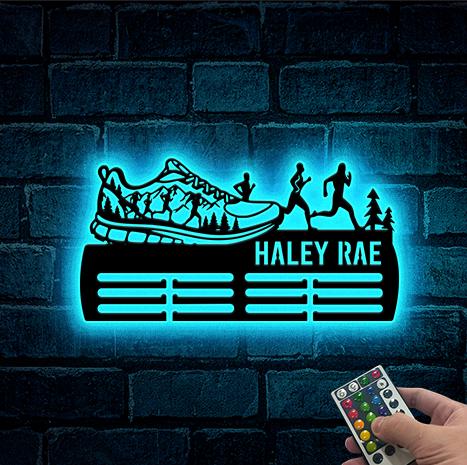Personalized Running Medal Holder 12 Rungs for medals & Ribbons LED Lights,Medal Display,Sports Medal Hanger, Tiered Award Rack Athlete Gift