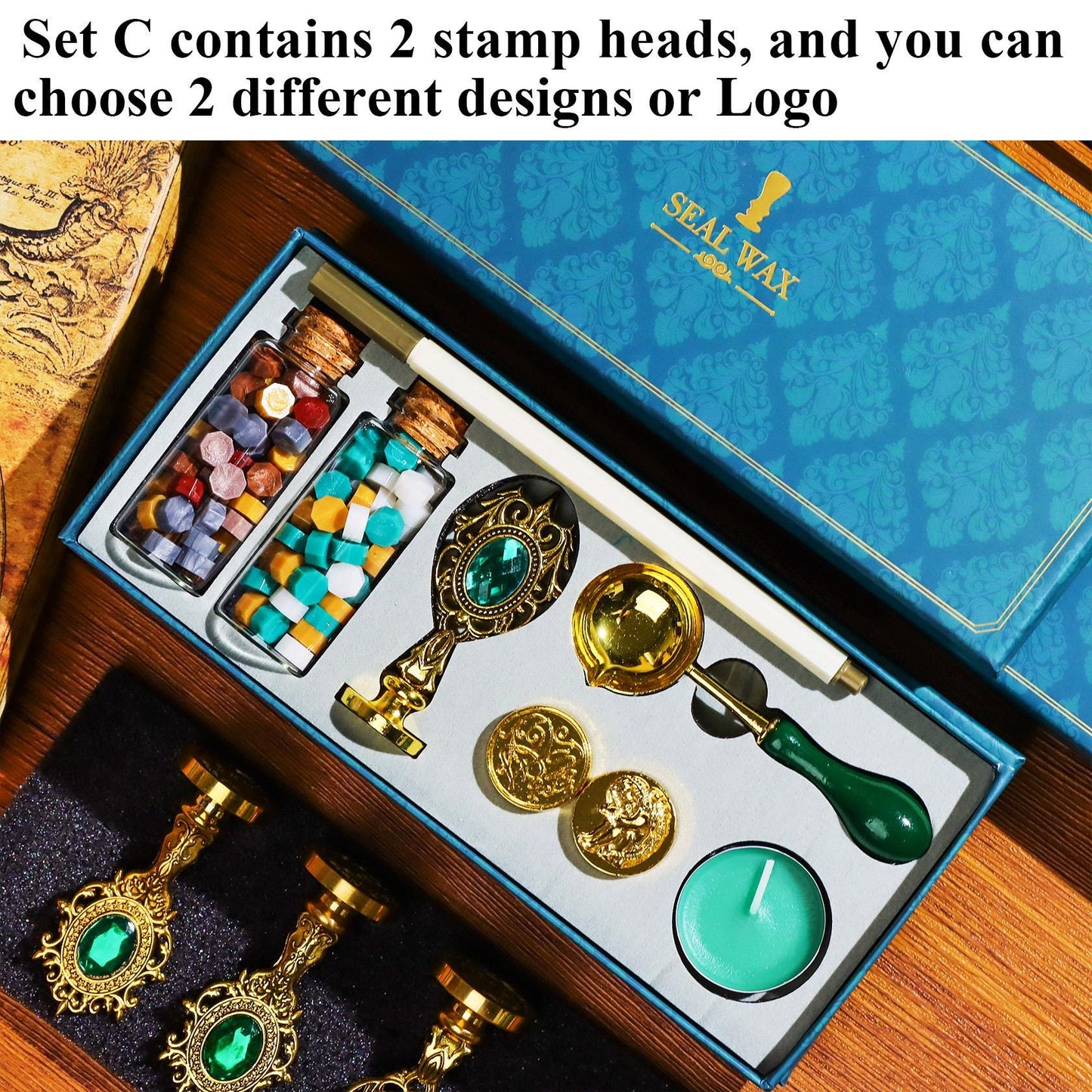 Two Stamp Heads Customized Wax Seal Stamp Kit for Wedding Invitation , Personalized Wax Stamp Set for Gift , Initial Wax Seal Stamp Custom